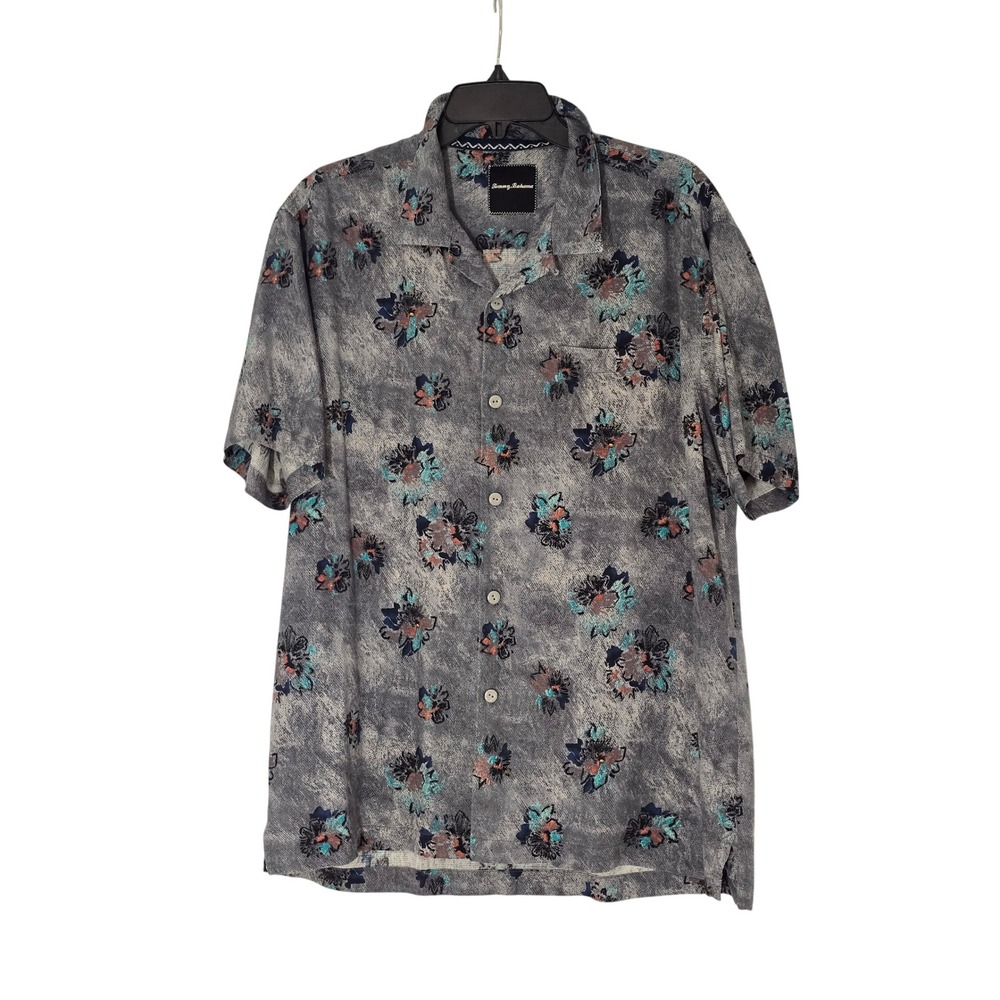 Tommy Bahama Men 100% Silk Floral Camp Shirt Gray Short Sleeve Button Down Large